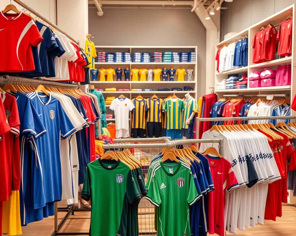 A vibrant array of affordable kids' football kits in a well-lit, modern retail setting. In the foreground, various jersey styles and designs in a range of sizes and colors are neatly displayed on hangers, inviting closer inspection. In the middle ground, matching shorts and socks are showcased alongside the jerseys, creating complete outfit options. The background features shelves stocked with additional sportswear essentials, conveying a sense of a comprehensive, budget-friendly selection. The lighting is warm and natural, highlighting the quality and affordability of the kits. The overall atmosphere is one of accessible, family-friendly shopping for the young football enthusiast.