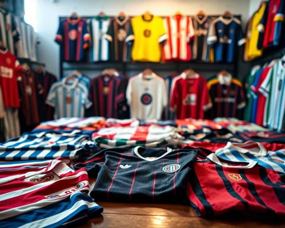 Retro football shirts meticulously arranged in a vintage display, showcasing a diverse collection of iconic jerseys from the 1970s, 80s, and 90s. The lighting casts a warm, nostalgic glow, highlighting the rich textures and vibrant colors of the shirts, ranging from classic stripes to bold graphic designs. The foreground features a selection of jerseys laid out on a wooden surface, inviting the viewer to explore the collection up close. In the middle ground, additional shirts are neatly organized on shelves, creating a sense of depth and visual interest. The background maintains a blurred, softened focus, allowing the viewer's attention to remain centered on the captivating array of retro football attire.