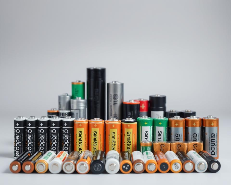 A neatly arranged display of various rechargeable battery types and sizes, captured in a clean, well-lit studio setting. The foreground features an assortment of AA, AAA, C, and 9V batteries, showcased against a neutral gray backdrop. In the middle ground, larger cylindrical and prismatic battery cells are displayed, highlighting their distinct shapes and dimensions. The background subtly suggests a technical or scientific atmosphere, with muted industrial elements providing context. The overall composition emphasizes the comparative scale and diversity of rechargeable battery options, inviting the viewer to explore the key differences between the types and sizes.