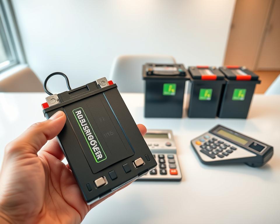A well-lit, high-resolution image depicting the cost savings of using rechargeable batteries over disposable ones. In the foreground, a hand holds a rechargeable battery pack, showcasing its reusability. The middle ground features several disposable batteries alongside a calculator, highlighting the financial savings. The background shows a clean, minimalist office setting, emphasizing the practical and responsible nature of the rechargeable solution. The image conveys a sense of efficiency, sustainability, and prudent financial management.