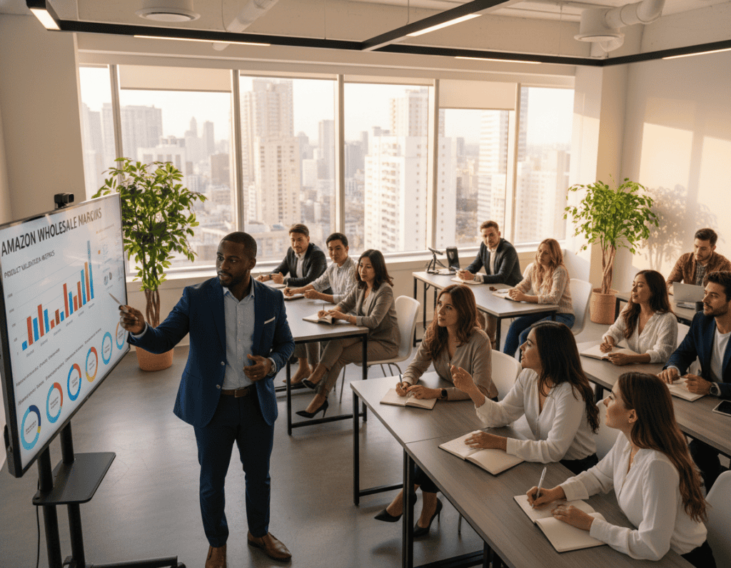 A modern office setting featuring a diverse group of professionals engaged in an Amazon wholesale training session. In the foreground, a well-dressed instructor points at a large digital screen displaying charts and graphs related to wholesale margins and product validation. In the middle ground, attendees take notes and discuss in small groups, their expressions focused and engaged. The background features a sleek, contemporary office with large windows letting in natural light, creating a bright and inspiring atmosphere. The scene is captured with a slight overhead angle, emphasizing collaboration, and the lighting should be warm, creating a sense of motivation and opportunity. A modern office setting featuring a diverse group of professionals engaged in an Amazon wholesale training session. In the foreground, a well-dressed instructor points at a large digital screen displaying charts and graphs related to wholesale margins and product validation. In the middle ground, attendees take notes and discuss in small groups, their expressions focused and engaged. The background features a sleek, contemporary office with large windows letting in natural light, creating a bright and inspiring atmosphere. The scene is captured with a slight overhead angle, emphasizing collaboration, and the lighting should be warm, creating a sense of motivation and opportunity.