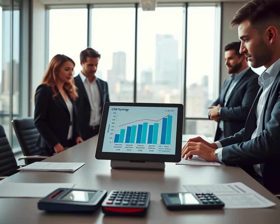 A modern office environment depicting a CRM pricing strategy meeting. In the foreground, a diverse group of three professionals dressed in smart business attire, including a woman in a tailored suit and two men in dress shirts and blazers, are actively discussing a digital tablet showcasing a graph with pricing tiers and cost breakdowns. In the middle ground, a sleek conference table is covered with papers and financial calculators. In the background, floor-to-ceiling windows let in bright, natural light, revealing a city skyline. The atmosphere is focused and collaborative, capturing the importance of budgeting for CRM software. Soft lighting casts subtle shadows, creating a professional yet inviting mood, ideal for a business discussion. A modern office environment depicting a CRM pricing strategy meeting. In the foreground, a diverse group of three professionals dressed in smart business attire, including a woman in a tailored suit and two men in dress shirts and blazers, are actively discussing a digital tablet showcasing a graph with pricing tiers and cost breakdowns. In the middle ground, a sleek conference table is covered with papers and financial calculators. In the background, floor-to-ceiling windows let in bright, natural light, revealing a city skyline. The atmosphere is focused and collaborative, capturing the importance of budgeting for CRM software. Soft lighting casts subtle shadows, creating a professional yet inviting mood, ideal for a business discussion.