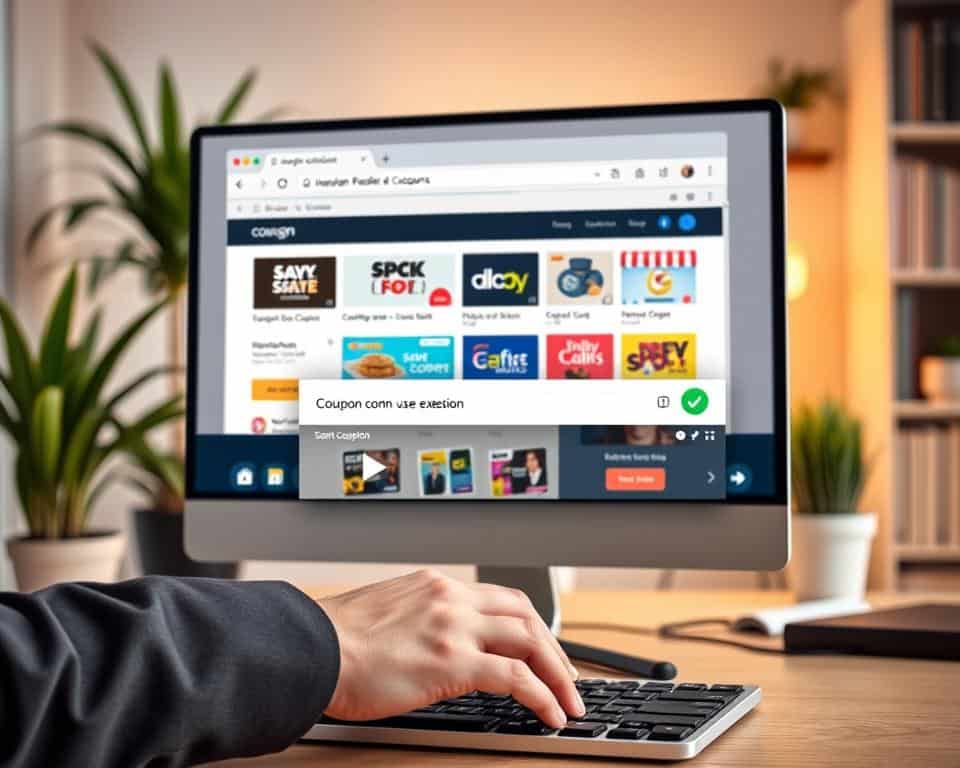 A sleek, modern digital interface illustrating a coupon browser extension in action. In the foreground, a computer screen displays a vibrant browser window showcasing various discount coupons, each creatively designed, with a focus on popular websites. A hand, dressed in a smart business attire, is poised above the keyboard, suggesting engagement with the interface. The middle layer features the browser's toolbar, with icons representing price tracking and a green checkmark indicating effective coupon application. The background subtly fades into a cozy home office environment with soft, warm lighting, accentuated by a few potted plants and a blurred bookshelf, creating a productive and inviting atmosphere. The image conveys a sense of approachability and efficiency, ideal for illustrating the benefits of using digital tools for finding discounts online. A sleek, modern digital interface illustrating a coupon browser extension in action. In the foreground, a computer screen displays a vibrant browser window showcasing various discount coupons, each creatively designed, with a focus on popular websites. A hand, dressed in a smart business attire, is poised above the keyboard, suggesting engagement with the interface. The middle layer features the browser's toolbar, with icons representing price tracking and a green checkmark indicating effective coupon application. The background subtly fades into a cozy home office environment with soft, warm lighting, accentuated by a few potted plants and a blurred bookshelf, creating a productive and inviting atmosphere. The image conveys a sense of approachability and efficiency, ideal for illustrating the benefits of using digital tools for finding discounts online.